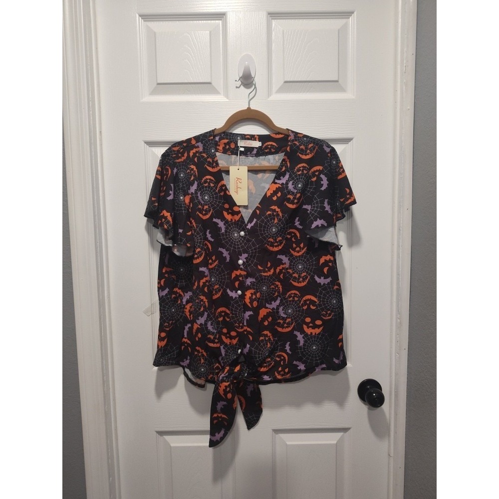 Roshop Halloween Jack O Lantern‎ Tie Front Flutter Sleeve Blouse Size XLARGE